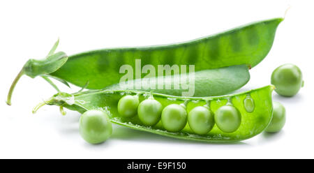 Frische Erbsen sind innerhalb einer Hülse isoliert auf weißem Hintergrund enthalten. Stockfoto