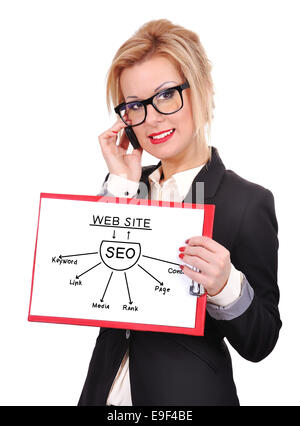 Geschäftsfrau hält Zwischenablage mit Seo-Schema Stockfoto