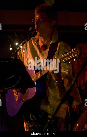 Eine Glam-Rock David Bowie Tribute-Band führen das gesamte "Ziggy Stardust" Album auf einer privaten Party in Wales. Stockfoto