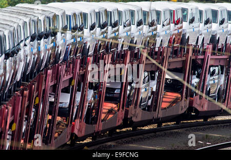 Seelze, Deutschland. 27. Oktober 2014. Volkswagen T5 Transporter bereit für die Verteilung in einem Zug in einem Schalter Hof in Seelze, Deutschland, 27. Oktober 2014. Bildnachweis: Dpa picture Alliance/Alamy Live News Stockfoto