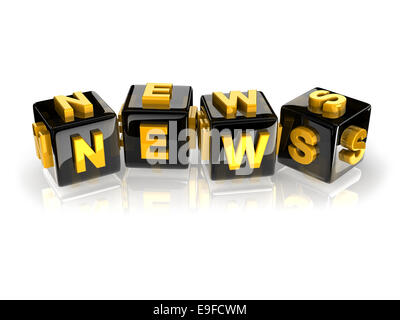 gelbe 3D-Text NEWS auf reflektierenden schwarzen Würfel. Stockfoto