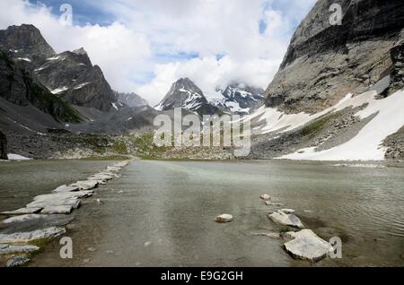 Göttliche Berglandschaft in der Kette der Alpen, in der Mitte Juli. Paysage Biblique: le Lac des Vaches Dans Les Alpes. Stockfoto