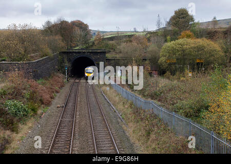 Diggle, UK. 27. Oktober 2014. Wie die britische Regierung, daß es eine Strategie für eine neue high-Speed-Bahnverbindung im Norden von England zu entwickeln verkündet, wird ein Transpennine Express Zug tonnelle Tunnel beendet. Die Route durch die Pennines könnte eine der größten Herausforderungen für eine neue high-Speed-Verbindung zwischen Leeds und Manchester. Bildnachweis: David Preston/Alamy Live-Nachrichten Stockfoto