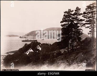 Ein Landschaftsfoto, das die Festung Oscarsborg in Akershus, Norwegen, zeigt, aufgenommen von Axel Lindahl. Das Foto zeigt die historische Festung am Oslofjord, einem wichtigen Ort der norwegischen Militärgeschichte. Stockfoto