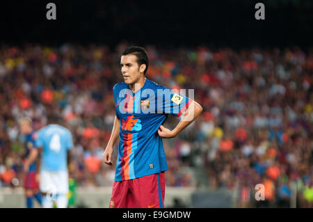 BARCELONA - AUG 19: Pedro Eliezer Rodríguez Ledesma, F.C Barcelona-Spieler spielt gegen Manchester City. Joan Gamper Throphy. Stockfoto