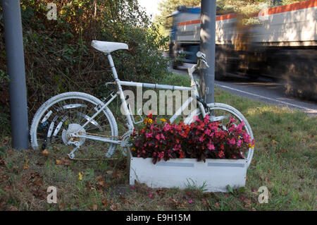 Gefahr. Ein weiß lackiert Ghost Bike und Blumen, die Kennzeichnung der Stelle, wo ein Radfahrer getötet oder bei einem Verkehrsunfall verletzt wurde. Dorset, England Stockfoto