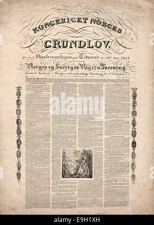 Ein historisches Bild der norwegischen Verfassung von 1814, bekannt als Grunnloven. Dieses Dokument markiert einen entscheidenden Moment in der norwegischen Geschichte und stellt die Grundlage der rechtlichen und politischen Struktur des Landes dar. Das Foto zeigt wahrscheinlich ein politisches Poster oder eine Reproduktion des Originaldokuments. Stockfoto