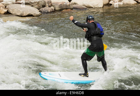 Mann auf einem Stand up Paddle Board in den Stromschnellen des Flusses Arkansas in Buena Vista, Colorado, USA Stockfoto