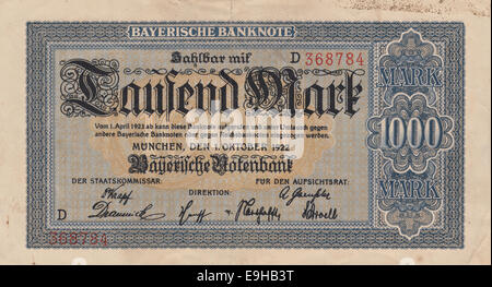 Historische Banknoten, 1000 Mark, vorne, Bayerische Notenbank von 1922 Stockfoto