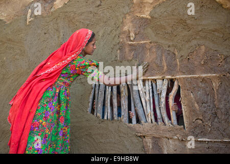 Mädchen in Tracht, Verputzen der Wand eines Hauses mit einer Mischung aus Wasser, sand und Kuh-Dung, Rann Of Kutch, Gujarat Stockfoto