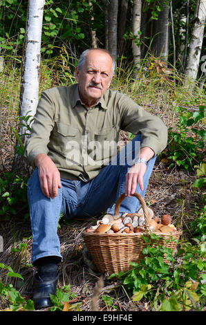 Korb mit Boletus Edulis auf Rasen Stockfoto