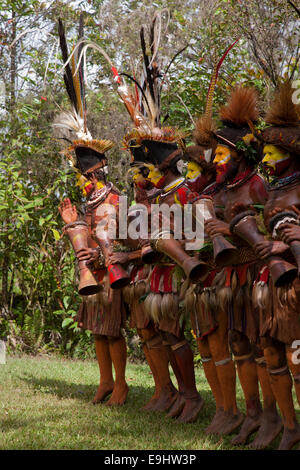 Huli Wigmen Tanz und Trommel in ihre Bird Of Paradise Feder Kopfschmuck Stockfoto