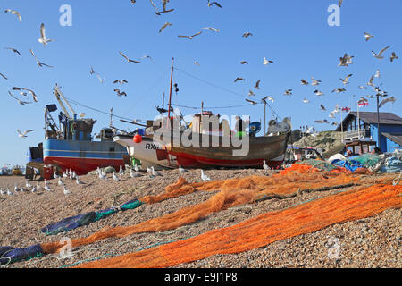 An einem warmen und sonnigen Tag Ende Oktober radeln Möwen über die Fischerboote von Hastings. East Sussex England GB UK Stockfoto