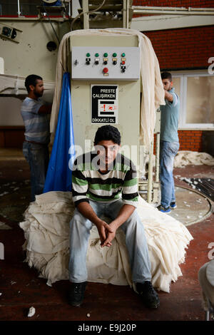 Türkei, Adana, Pakmil Fabrik Entkörnung, Verarbeitung der geernteten konventionelle Baumwolle, Baumwolle Ballen drücken Stockfoto