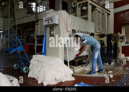 Türkei, Adana, Pakmil Fabrik Entkörnung, Verarbeitung der geernteten konventionelle Baumwolle, Baumwolle Ballen drücken Stockfoto