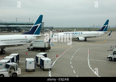 WestJet Flugzeug Ankunft am terminal 3 Toronto Pearson internationaler Flughafen Kanada Stockfoto