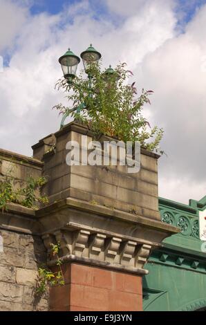 Laternenpfahl und Unkraut auf Brücke über den Fluss Kelvin auf Great Western Road in Glasgow, Schottland Stockfoto