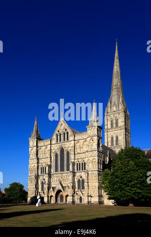 Außenseite der Salisbury Kathedrale aus dem 13. Jahrhundert, Stadt Salisbury, Grafschaft Wiltshire, England, UK Stockfoto