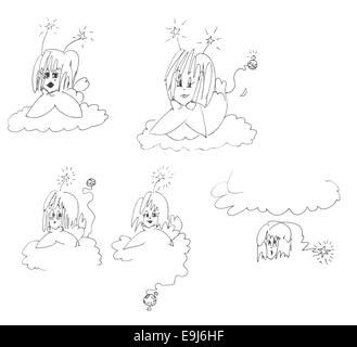 Fünf Engel, original Tinte Skizze Cartoon in schwarz und weiß. Engel mit Haltung. Stockfoto