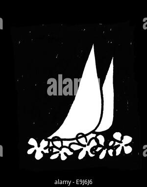 Segel und Blumen, abstrakte Tinte Originalskizze in schwarz und weiß. Stockfoto