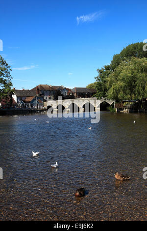 Sommer-Blick auf die steinerne Straßenbrücke Fordingbridge Stadt; Fluß Avon; Hampshire County; England; Großbritannien Stockfoto