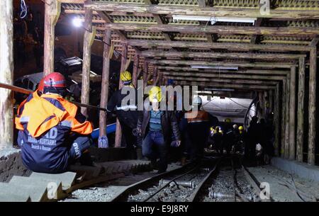 Karaman, Türkei. 28. Oktober 2014. Retter arbeitest du für einen eingestürzten mine in der Guneyyurt Stadt in der Provinz Karaman in der Südtürkei, 28. Oktober 2014. Im Osten 20 Bergleute waren gefangen in einem eingestürzten Kohlebergwerk in Karaman Provinz im Süden der Türkei am Dienstag, sagte Trukish Behörden. Bildnachweis: Xinhua/Alamy Live-Nachrichten Stockfoto