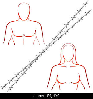Skizzieren Sie die Abbildung eines Mannes und einer Frau, die durch einen Stacheldraht getrennt sind. Stockfoto