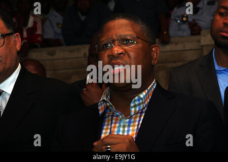 Durban, Südafrika. 28. Oktober 2014. Südafrikanische Sport Minister Fikile Mbalula Adressen Reporter Momente nach dem Besuch der Familie des getöteten Fußball Senzo Meyiwa in Durbans Umlazi Township. Meyiwa, Kapitän und Ziel Kepper der nationalen Seite wurde in Vosloorus in Gauteng drei Tage zuvor erschossen. Bildnachweis: Giordano Stolley/Alamy Live-Nachrichten Stockfoto