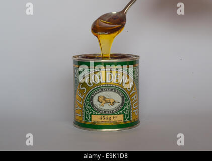 Golden Sirup läuft aus einem Löffel und zurück in die Dose Lyles Golden Sirup Stockfoto