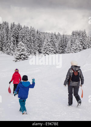 Frau, kleiner Junge und kleine Mädchen, die zu Fuß in einer bewaldeten verschneite Winterlandschaft Stockfoto