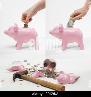 Collage der Mann Geld ins Sparschwein für den Ruhestand sparen Stockfoto