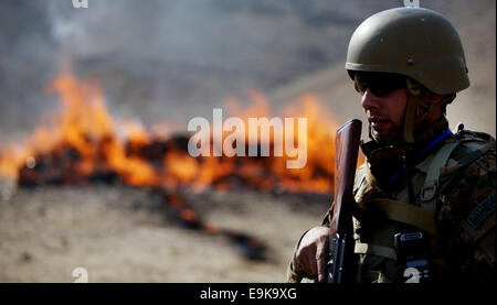 Kabul, Afghanistan. 29. Oktober 2014. Ein afghanischer Polizist steht Wache neben brennen Drogen in Kabul, Afghanistan, am 29. Oktober 2014. Die Regierung von Afghanistan am Feuer 20 Tonnen von Betäubungsmitteln am Stadtrand von Kabul am Mittwoch. Bildnachweis: Ahmad Massoud/Xinhua/Alamy Live-Nachrichten Stockfoto