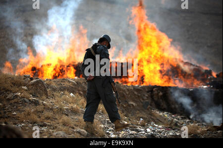 Kabul, Afghanistan. 29. Oktober 2014. Ein afghanischer Polizist steht Wache neben brennen Drogen in Kabul, Afghanistan, am 29. Oktober 2014. Die Regierung von Afghanistan am Feuer 20 Tonnen von Betäubungsmitteln am Stadtrand von Kabul am Mittwoch. Bildnachweis: Ahmad Massoud/Xinhua/Alamy Live-Nachrichten Stockfoto