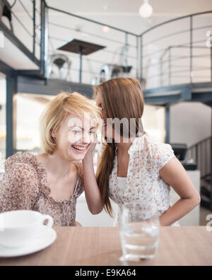 Glückliche junge Frau Flüstern ins Ohr der Freundin im café Stockfoto