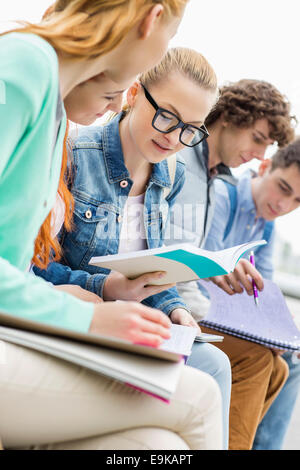 Studentin der Universität mit Freunden gemeinsam studieren im park Stockfoto