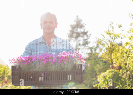 Porträt von zuversichtlich Mann trägt Kiste mit Blumentöpfe im Garten Stockfoto