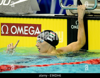 Tokio, Japan. 29. Oktober 2014. Katinka Hosszu Ungarns reagiert nach der Frauen 400m Lagenschwimmen Finale bei der FINA Swimming World Cup in Tokio, Japan, 29. Oktober 2014. Hosszu gewann den 1. Platz. Bildnachweis: Stringer/Xinhua/Alamy Live-Nachrichten Stockfoto