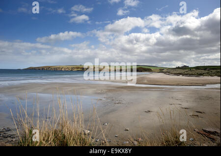 Blauer Himmel und weiße Wolken über den wunderbaren Strand von Sandend im Nordosten von Schottland Stockfoto