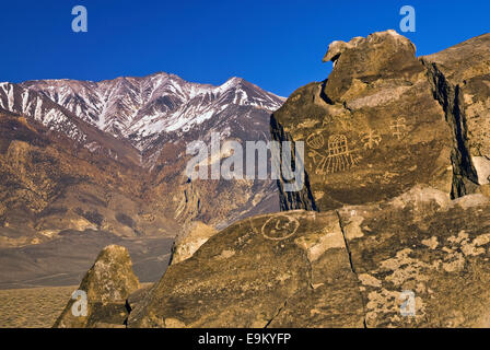 Red Canyon Petroglyphen, weiße Mtns in Dist, Sunset, Fish Slough Road in der Nähe von Bischof, Owens Valley, Mojave-Wüste, Kalifornien, USA Stockfoto