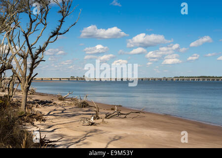 Dies ist die Ansicht vom Strand von Big Talbot Island, Florida. Die Brücke führt auf Amelia Island. Stockfoto