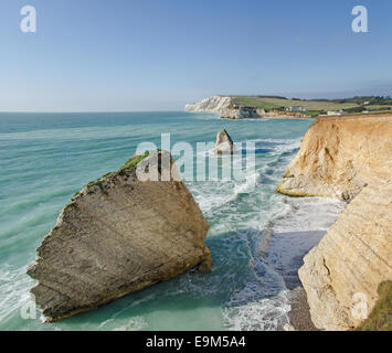 Meer-Stacks in Freshwater Bay auf der Isle Of Wight.  Blick nach Westen in Richtung Tennyson Down. Stockfoto