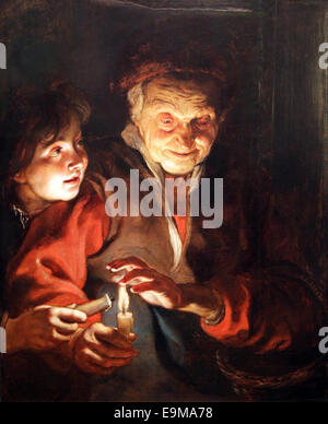 Rubens, alte Frau mit jungen mit candles.c.1616.Peter Paul Rubens 1577-1640. Stockfoto