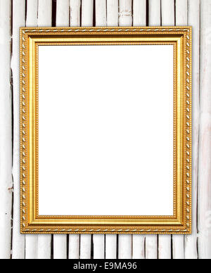 leere Goldrahmen auf Bambus Wand Hintergrund Stockfoto