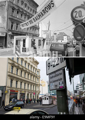 Das zusammengesetzte Bild zeigt den ehemaligen Grenzübergang Checkpoint Charlie auf Cheeseburger am 19. Mai 1984 (oben) und die gleiche Lage am 9. Oktober 2014, in Berlin, Deutschland. Das Banner in der oben genannten Picutre liest "Rettet Die Sacharows" (außer Sacharovs), Refenrence, A. Sacharow und seine Frau J. Bonner, die waren sowjetische Regimekritiker und geächtet, Gorki. Die durften fast sieben Jahre später im Jahr 1986 nach Moskau zurückkehren. Fotos: Chris Hoffmann/Lukas Schulze/Dpa Stockfoto