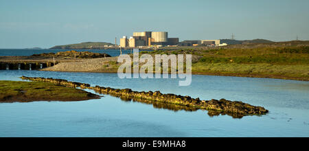 Wylfa-Kraftwerk ist das einzige Kernkraftwerk in Wales vom westlichen Ende der Cemlyn-Bucht an der Nordküste Stockfoto