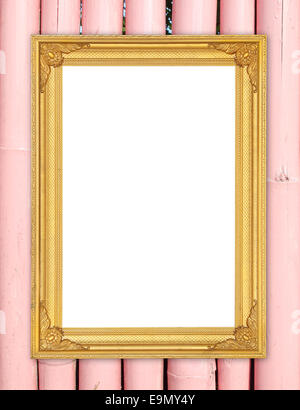 leere Goldrahmen auf Bambus Wand Hintergrund Stockfoto