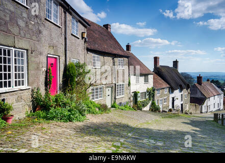 Malerischen englischen Cottages auf einer gepflasterten Straße in Gold Hill in Shaftestbury in Dorset Stockfoto