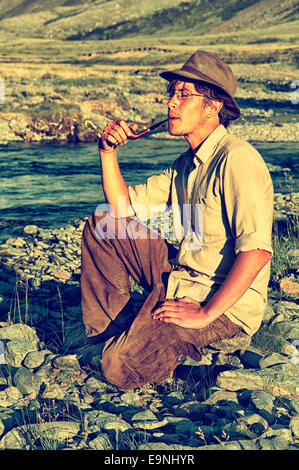 Tourist in Altai camp Stockfoto