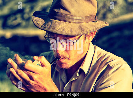 Tourist in Altai camp Stockfoto