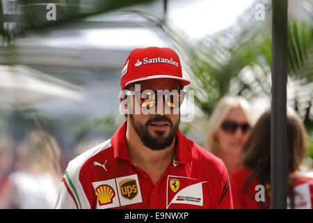 Austin, Texas, USA. 30. Oktober 2014. FERNANDO ALONSO Spanien und Scuderia Ferrari sieht man im Fahrerlager während der Vorbereitungen der Formula 1 United States Grand Prix 2014 am Circuit of the Americas in Austin, Texas, Vereinigte Staaten von Amerika. Bildnachweis: James Gasperotti/ZUMA Draht/Alamy Live-Nachrichten Stockfoto